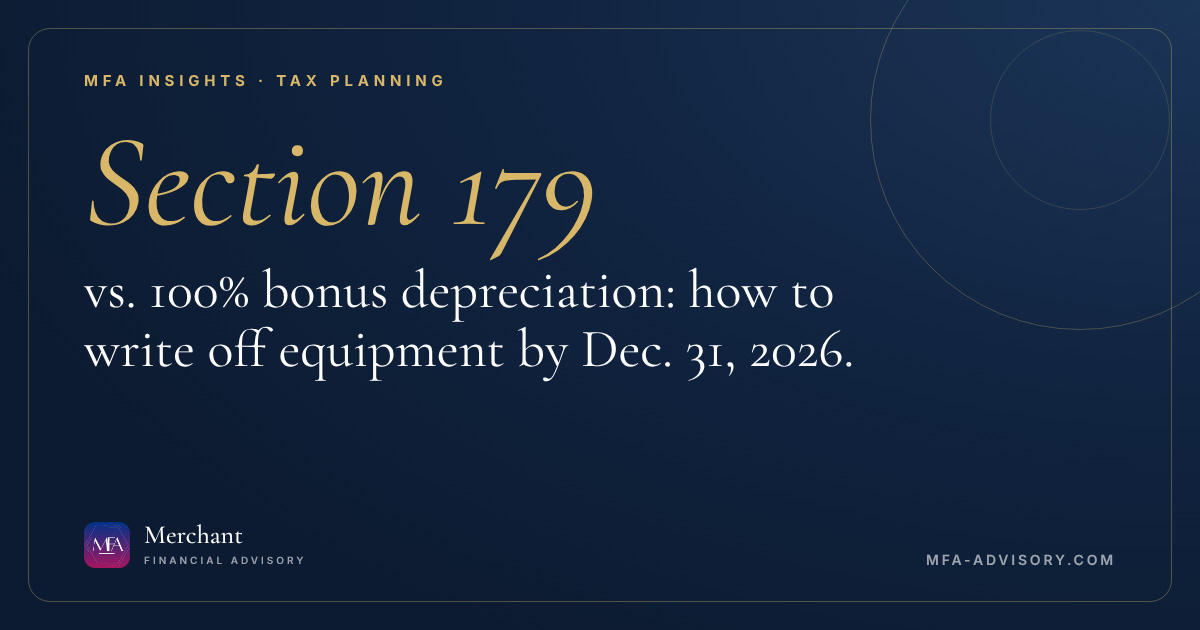 Comparison chart of Section 179 and 100% bonus depreciation for 2026 with limits, year-end checklist and New Jersey differences